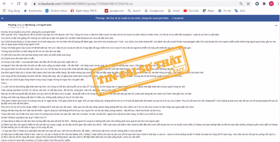 Thông tin điều trị COVID-19 tại nhà được Cục Phát thanh, Truyền hình và Thông tin điện tử xác định là sai sự thật.