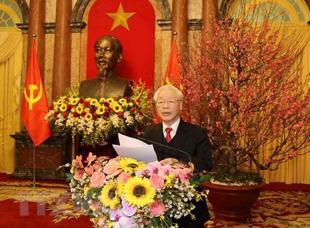  Tổng Bí thư, Chủ tịch nước Nguyễn Phú Trọng phát biểu tại buổi gặp mặt. (Ảnh: Trí Dũng/TTXVN)