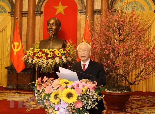  Tổng Bí thư, Chủ tịch nước Nguyễn Phú Trọng phát biểu tại buổi gặp mặt. (Ảnh: Trí Dũng/TTXVN)