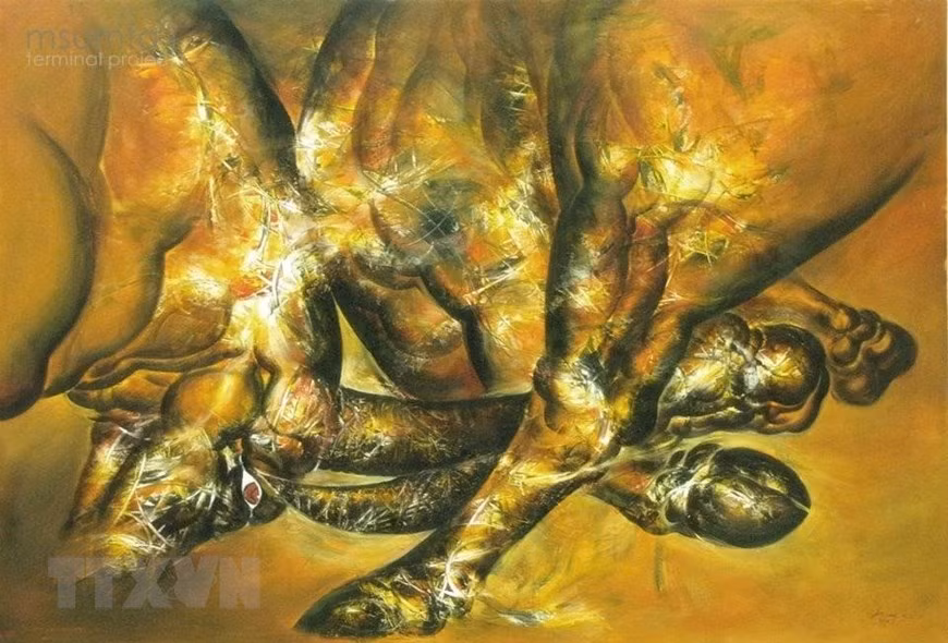 Tranh 'Sức mạnh chiến đấu' do họa sỹ Hùng sáng tác. (Ảnh: Văn Dũng/TTXVN)