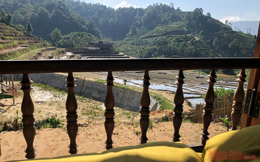 Sáng sớm nhìn từ cửa sổ ra ruộng bậc thang trước nhà.