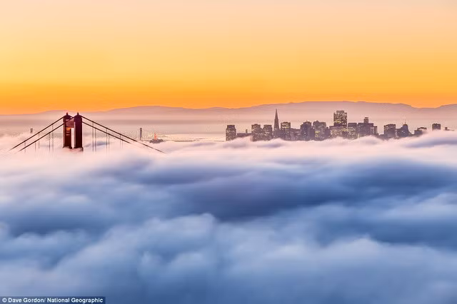 Vẻ đẹp kỳ ảo của cầu Cổng Vàng ở San Francisco, California, Mỹ, trong làn sương trắng bồng bềnh ngày mới.