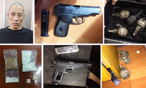 Trùm ma túy Long “cát” và “kho” vũ khí bị thu giữ.