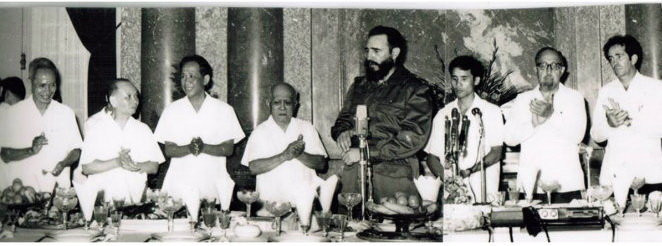 Ông Nguyễn Đình Bin (thứ ba từ phải sang) trong một lần phiên dịch cho lãnh tụ Fidel Castro nhân chuyến thăm Việt Nam.