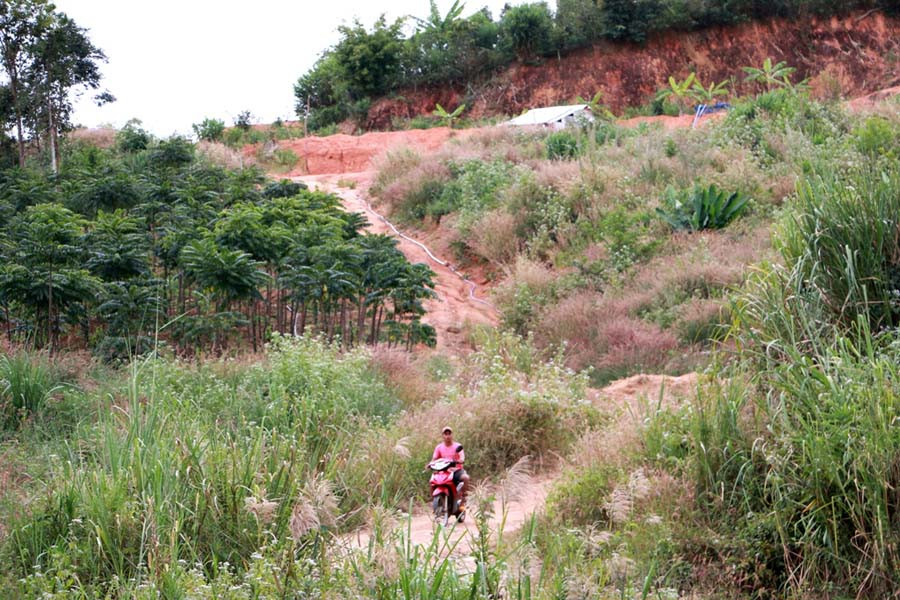 Người dân chê đường đất thủy điện làm xa, ngoằn ngoèo và dốc rất khó đi, nhất là vào mùa mưa. Ảnh: Q.T