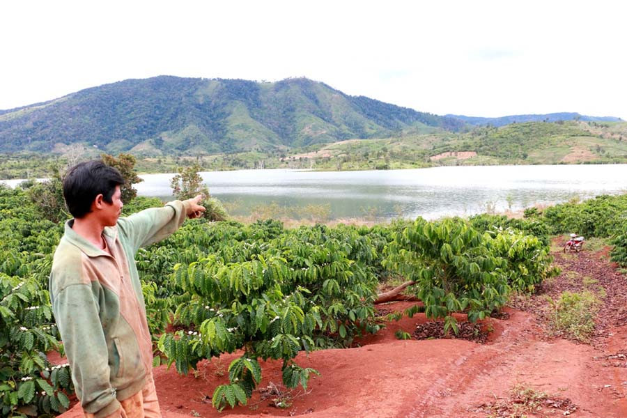 Ông Gyan chỉ cho P.V vị trí dự kiến xây dựng cầu treo bắc qua lòng hồ thủy điện. Ảnh: Q.T