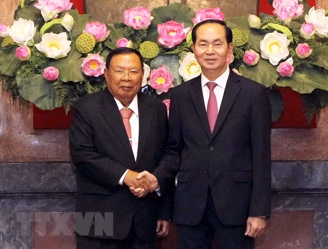 Chủ tịch nước Trần Đại Quang hội kiến với Tổng bí thư, Chủ tịch nước Cộng hòa Dân chủ Nhân dân Lào Bounnhang Vorachith. (Ảnh: Lâm Khánh/TTXVN)