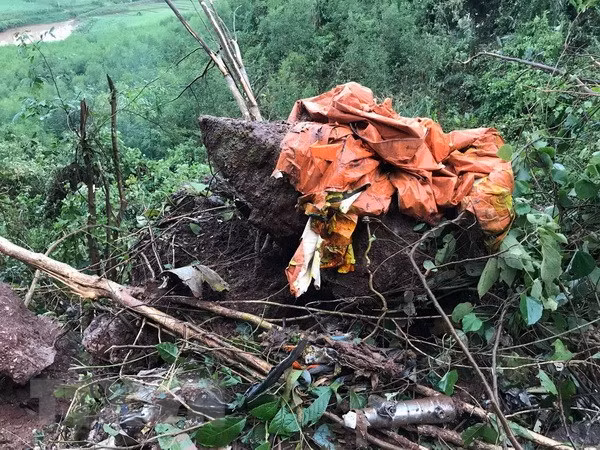 Các bộ phận của máy bay Su 22 rơi tại hiện trường. (Ảnh: Bích Huệ/TTXVN)