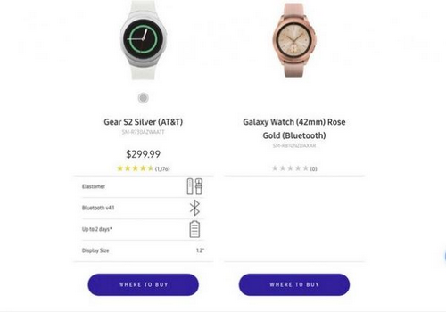 Ảnh Galaxy Watch (bên phải) rò rỉ trên trang bán hàng của Samsung bên cạnh Galaxy Gear S2 (bên trái). Ảnh Galaxy Watch (bên phải) rò rỉ trên trang bán hàng của Samsung bên cạnh Galaxy Gear S2 (bên trái).