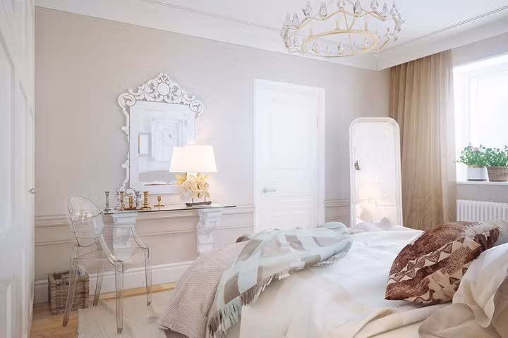 Ghế nhựa trong suốt không hề tỏ ra lạc lõng khi nội thất xung quanh toàn sử dụng một màu hồng phấn tinh tế.