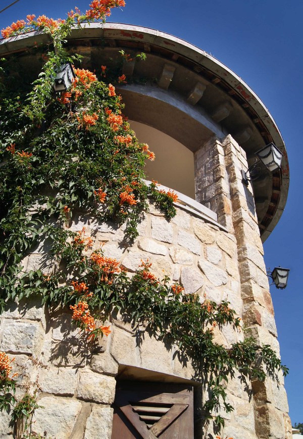 Nhà có nhiều cửa sổ nhỏ xung quanh tường với đủ kích thước và hình dạng vuông, tròn, chữ nhật, vòm cung, chữ thập... Tường được xây dày 60-80 cm. Vật liệu chính để xây biệt thự là đá granite nên màu sắc chủ đạo của công trình cũng mang sắc màu này.