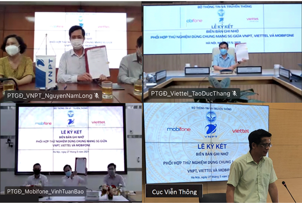 Các nhà mạng tổ chức lễ ký kết trực tuyến dưới dự chứng kiến của Cục Viễn thông. (Ảnh: Cục Viễn thông)