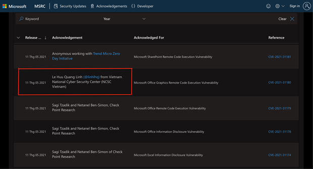 Website của MSRC - Trung tâm phản hồi về bảo mật của Microsoft đã nhắc tới chuyên gia bảo mật 9x của Việt Nam. (Ảnh chụp màn hình)