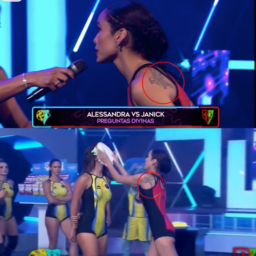 Hình ảnh nàng hậu Peru tham gia một chương trình ở quê nhà cũng cho thấy cô có một hình xăm lớn ở bả vai. ẢNH: CHỤP MÀN HÌNH