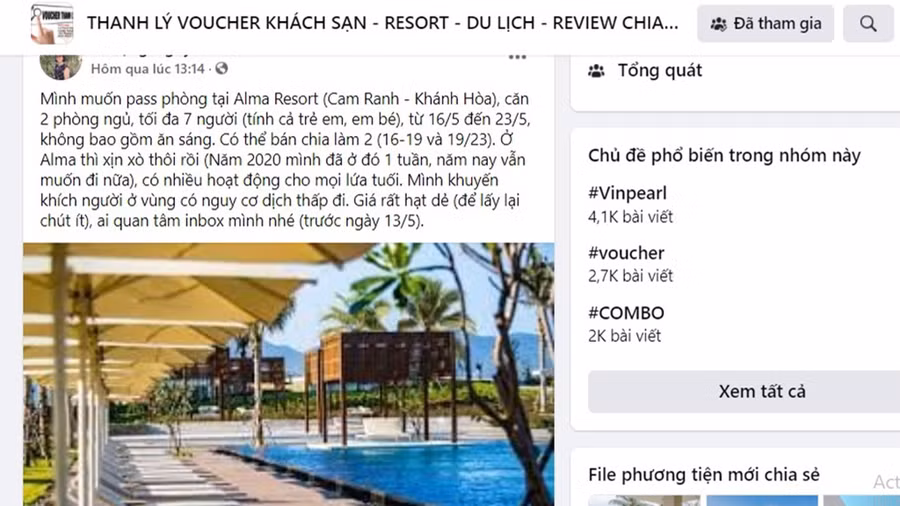 Voucher nghỉ dưỡng được rao bán trên các trang mạng xã hội những ngày gần đây. ẢNH H.BÌNH
