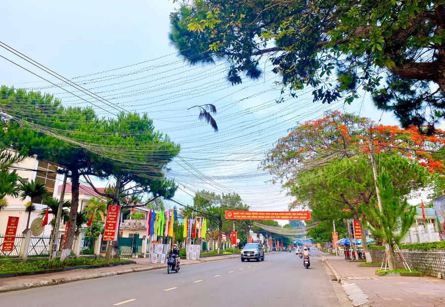 Đường phố Pleiku rực rỡ cờ hoa trong ngày bầu cử. Ảnh: Hồng Thi Đường phố Pleiku rực rỡ cờ hoa trong ngày bầu cử. Ảnh: Hồng Thi
