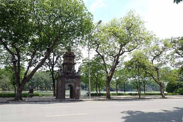 Dịch bệnh và thời tiết nắng nóng Đường phố Đinh Tiên Hoàng, Hà Nội vắng bóng người, xe ngày 30/5/2021. (Ảnh: Anh Tuấn/TTXVN)