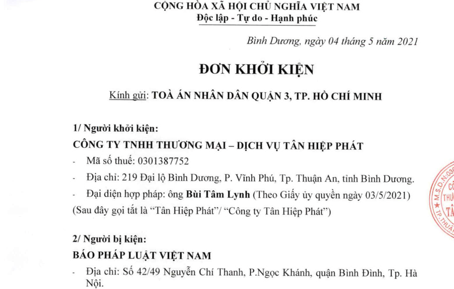Đơn khởi kiện của Tân Hiệp Phát  Đơn khởi kiện của Tân Hiệp Phát