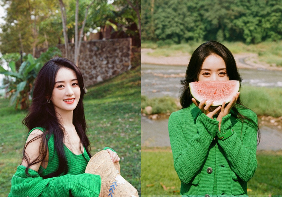 Triệu Lệ Dĩnh tươi mát trong bộ trang phục xanh lá của Bottega Veneta. ẢNH: WEIBO NV