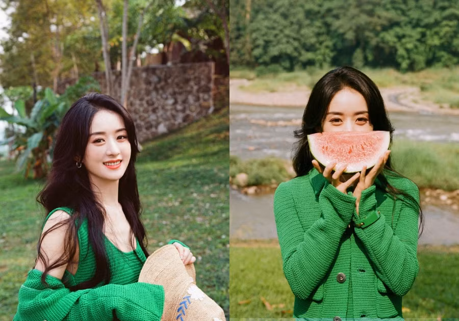 Triệu Lệ Dĩnh tươi mát trong bộ trang phục xanh lá của Bottega Veneta. ẢNH: WEIBO NV