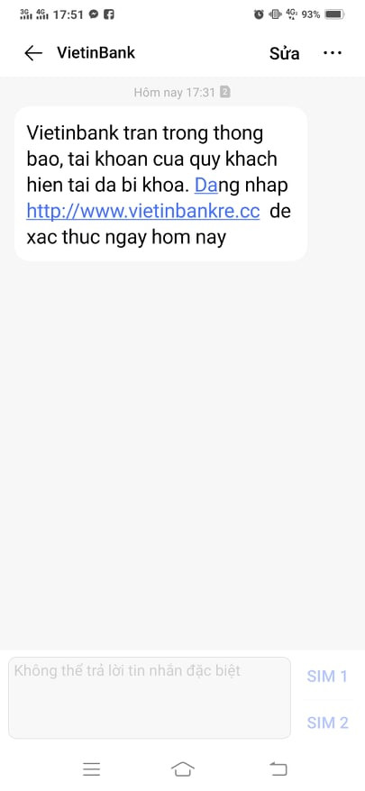 Tin nhắn SMS mạo danh Vietinbank Tin nhắn SMS mạo danh Vietinbank