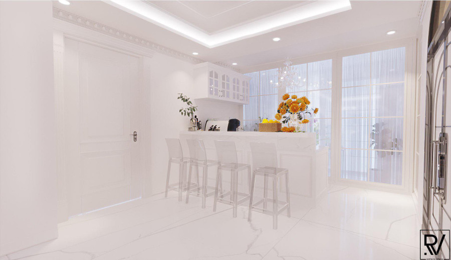 Với lợi thế về diện tích nên không gian biệt thự khá rộng rãi và thoải mái. Phòng khách, bếp và khu vực ăn được thiết kế theo không gian mở. Chỉ sử dụng một góc nhỏ làm bếp nhưng Lý Nhã Kỳ cho thấy sự tiện nghi, đầy đủ các vật dụng. Người đẹp ưa chuộng cửa sổ rộng từ sàn đến trần, giúp căn phòng thu được tối đa ánh sáng tự nhiên. ẢNH: FBNV