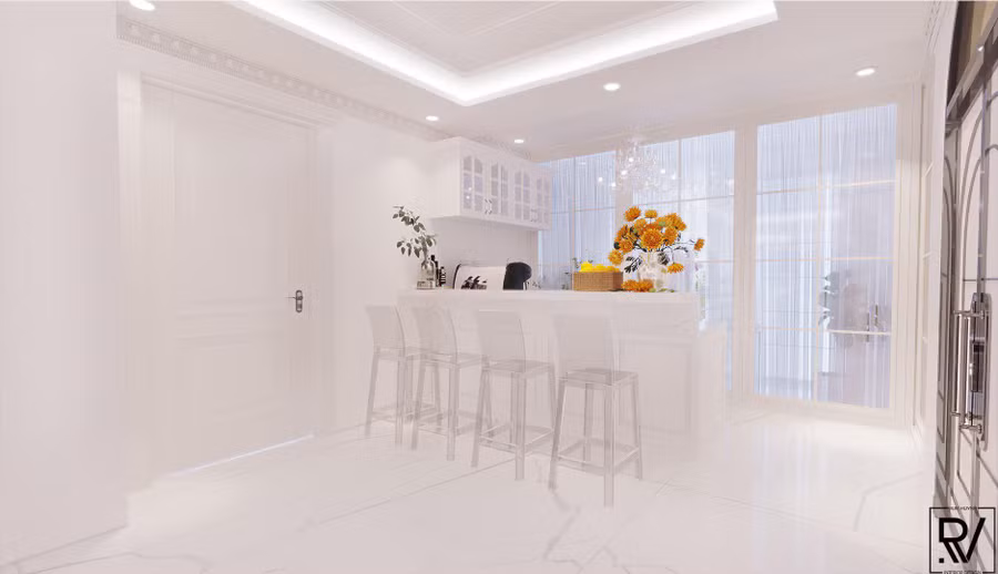 Với lợi thế về diện tích nên không gian biệt thự khá rộng rãi và thoải mái. Phòng khách, bếp và khu vực ăn được thiết kế theo không gian mở. Chỉ sử dụng một góc nhỏ làm bếp nhưng Lý Nhã Kỳ cho thấy sự tiện nghi, đầy đủ các vật dụng. Người đẹp ưa chuộng cửa sổ rộng từ sàn đến trần, giúp căn phòng thu được tối đa ánh sáng tự nhiên. ẢNH: FBNV