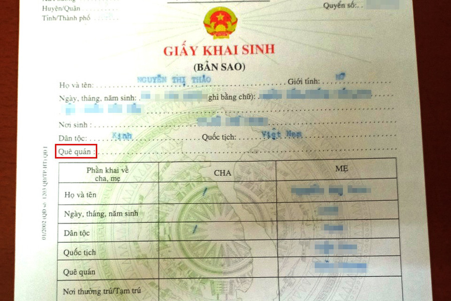 Giấy khai sinh của chị Thảo trống ở phần 