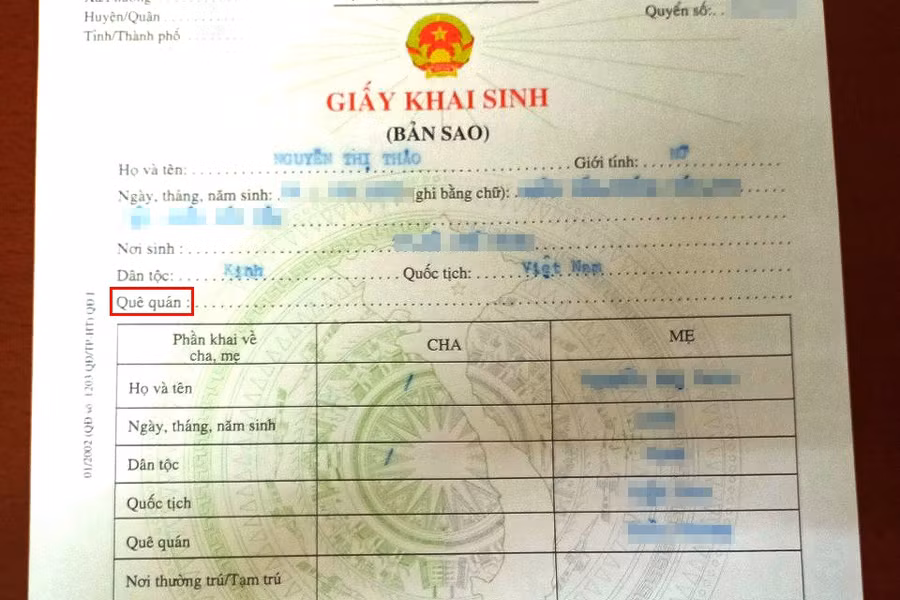 Giấy khai sinh của chị Thảo trống ở phần 