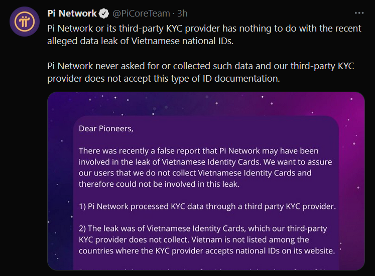 Pi Network bị nghi ngờ liên quan tới vụ rao bán dữ liệu người Việt gần đây. ẢNH CHỤP MÀN HÌNH