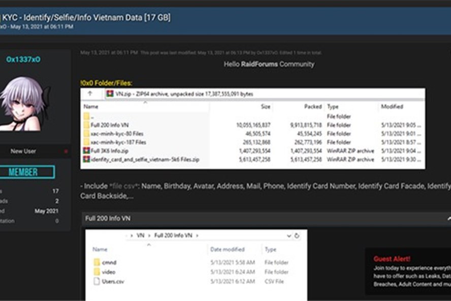  Đây không phải là lần đầu tiên diễn đàn R*** Forum tung lên rao bán, đổi chác các thông tin cá nhân về người dùng tại Việt Nam. Ảnh chụp màn hình vụ rao bán thông tin hàng ngàn CMND của người Việt.