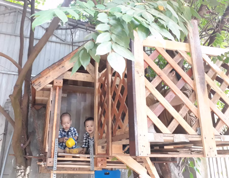 Anh Nguyễn Ngọc Duy (98 Sư Vạn Hạnh, TP. Pleiku) làm tặng các con ngôi nhà trên cây trong mùa dịch. Ảnh: Lam Nguyên