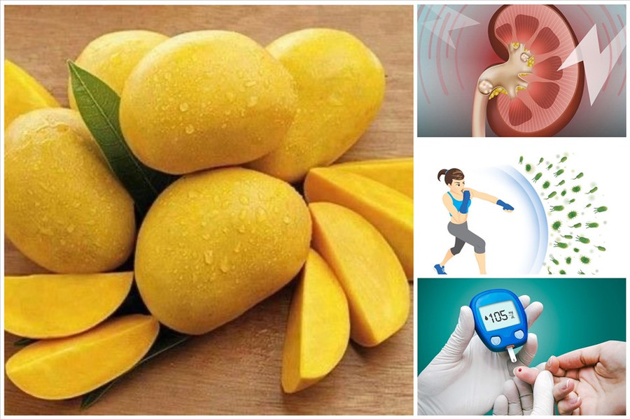 Ảnh minh hoạ một số công dụng của xoài đối với sức khoẻ khi bạn sử dụng hợp lí. Đồ hoạ: Minh Thư