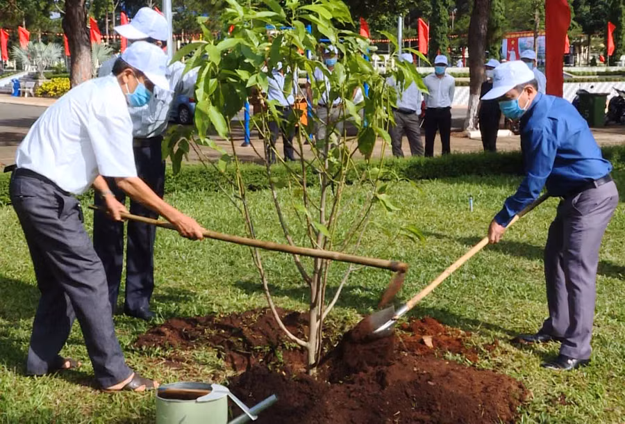 Lãnh đạo huyện Chư Păh trồng cây tại khu vực Công viên huyện