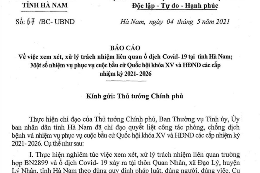 Báo cáo số 67 chiều 4.5 Hà Nam gửi Thủ tướng Chính phủ. Báo cáo số 67 chiều 4.5 Hà Nam gửi Thủ tướng Chính phủ.