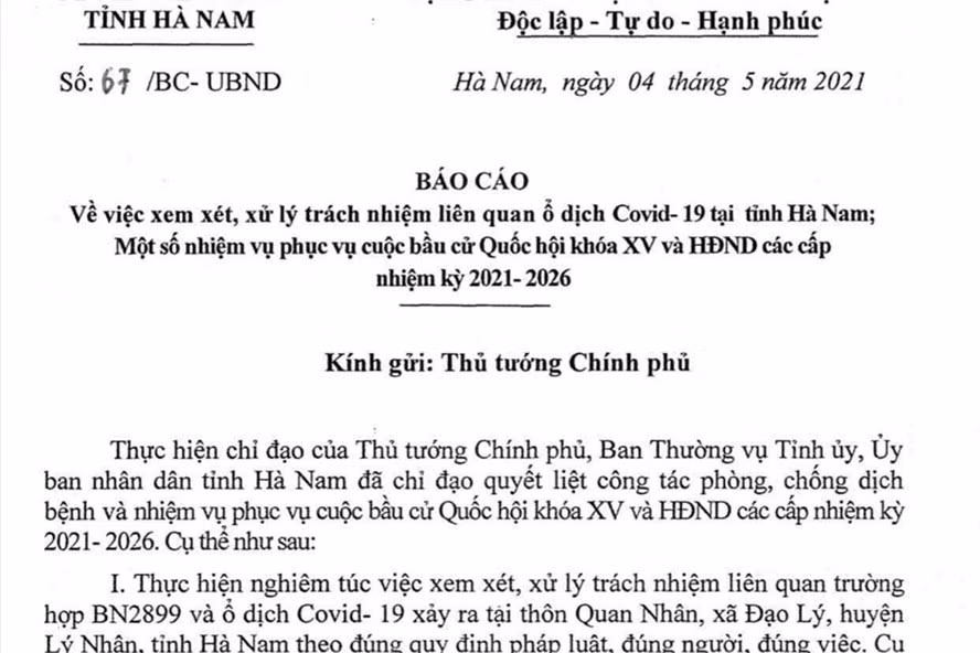 Báo cáo số 67 chiều 4.5 Hà Nam gửi Thủ tướng Chính phủ.