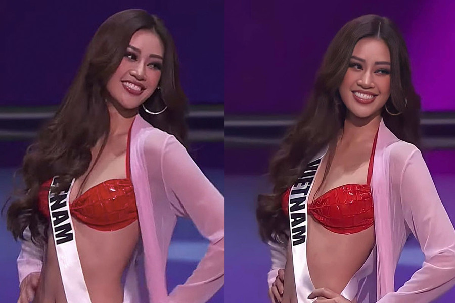 Khánh Vân giữ nụ cười rạng rỡ khi trình diễn. Nhiều người đẹp như Vũ Thu Phương, H'Hen Niê... đánh giá đây là thế mạnh của đại diện Việt Nam tại cuộc thi. ẢNH: CHỤP MÀN HÌNH