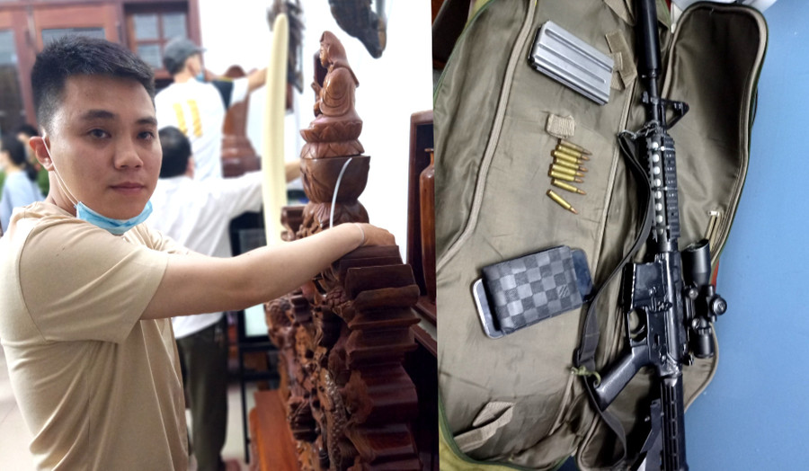 Đối tượng Võ Anh Tú bị cơ quan Công an bắt giữ cùng tang vật là khẩu súng quân dụng AR15 và 8 viên đạn. Ảnh: Hữu Trường Đối tượng Võ Anh Tú bị cơ quan Công an bắt giữ cùng khẩu súng quân dụng AR15 và 8 viên là đạn tang vật của vụ án. Ảnh: Hữu Trường