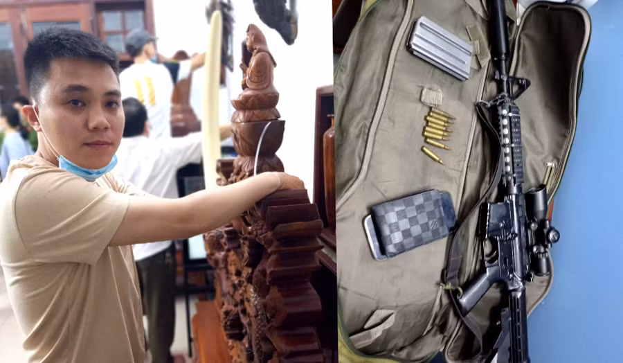  Đối tượng Võ Anh Tú bị cơ quan Công an bắt giữ cùng khẩu súng quân dụng AR15 và 8 viên là đạn tang vật của vụ án. Ảnh: Hữu Trường