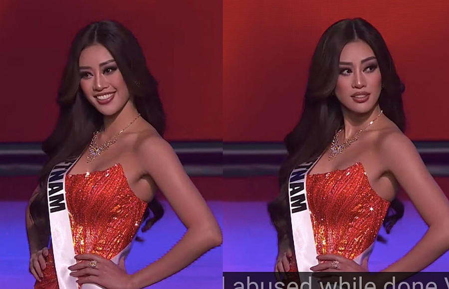 Hoa hậu Khánh Vân diện trang phục dạ hội lấy cảm hứng từ hừng đông tại bán kết Miss Universe. ẢNH: CHỤP MÀN HÌNH