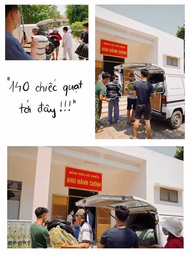 Châu Bùi tặng bệnh viện dã chiến nơi cô từng cách ly 140 chiếc quạt điện. Ảnh NVCC