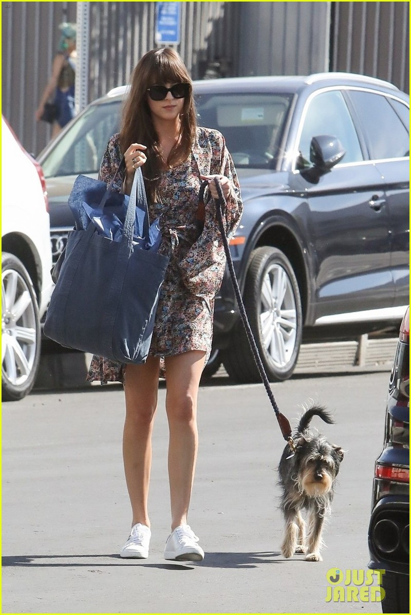 Nữ diễn viên diện đầm họa tiết điệu đà, dắt thú cưng đi dạo trong ngày nắng đẹp.