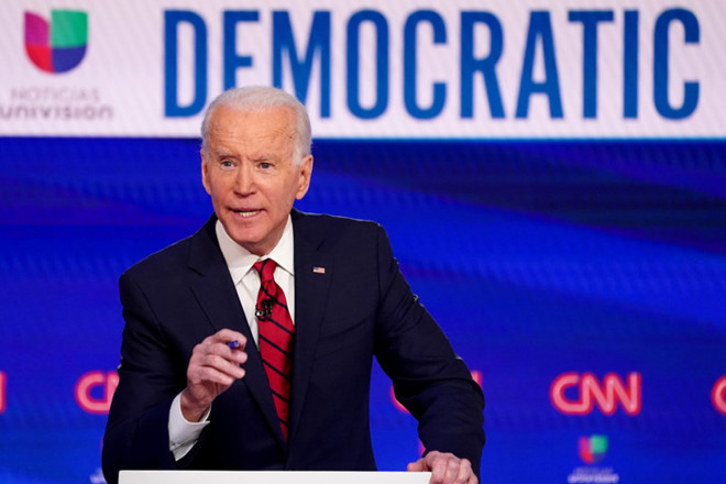 Ông Biden tại buổi tranh luận của các ứng viên Dân chủ diễn ra ở trường quay của CNN tại thủ đô Washington D.C ngày 15.3.2020 - Ảnh: Reuters