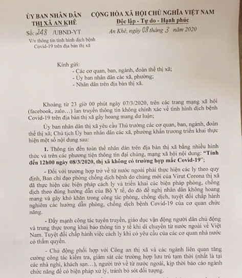 Văn bản do Chủ tịch UBND thị xã An Khê Nguyễn Hùng Vỹ ký. Ảnh: Q.T