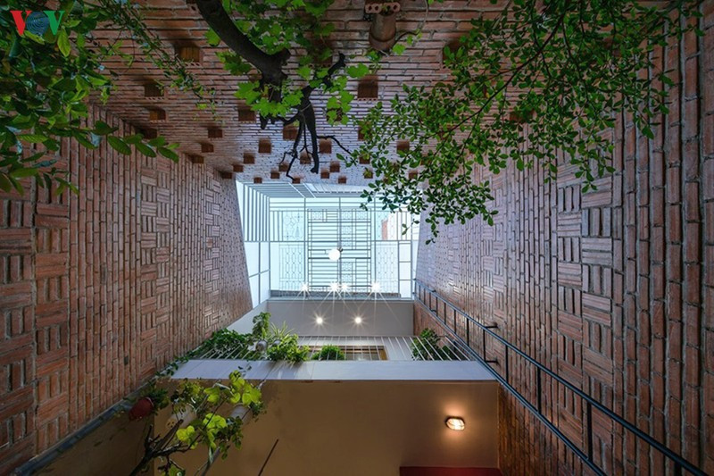 Phía trên khoảng sân là mái kính có thể che mưa nhưng vẫn đón nắng và đảm bảo thông thoáng.