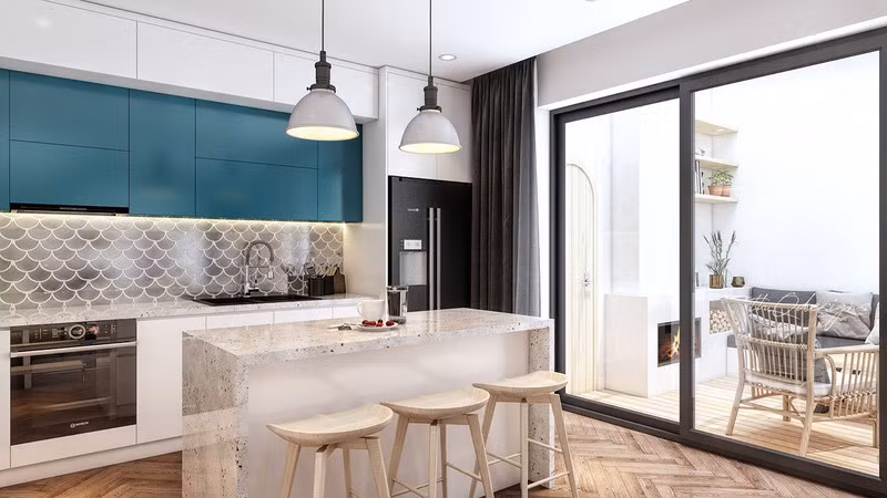 Tủ bếp trên màu xanh ngọc bích là một trong những màu sắc thường được sử dụng trong phong cách nội thất thập niên 70.