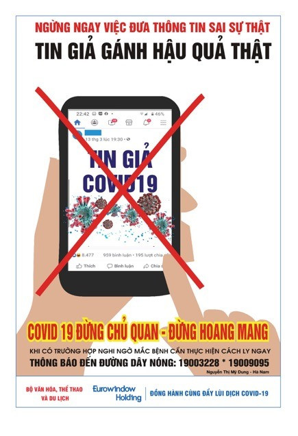 Cuộc vận động sáng tác Tranh cổ động phòng chống dịch COVID-19 do Cục Văn hóa cơ sở (Bộ Văn hóa, Thể thao và Du lịch) tổ chức cấp tốc từ ngày 10 - 15. 3.2020. Tuy eo hẹp thời gian nhưng sau 5 ngày, Ban Tổ chức đã nhận được 103 tranh tham gia của 23 họa sĩ trên toàn quốc. Có những họa sĩ gửi nhiều tranh tham dự, như họa sĩ Đỗ Trung Kiên có tới 10 tranh đa dạng phong cách. Ảnh: BVHTTVDL. 