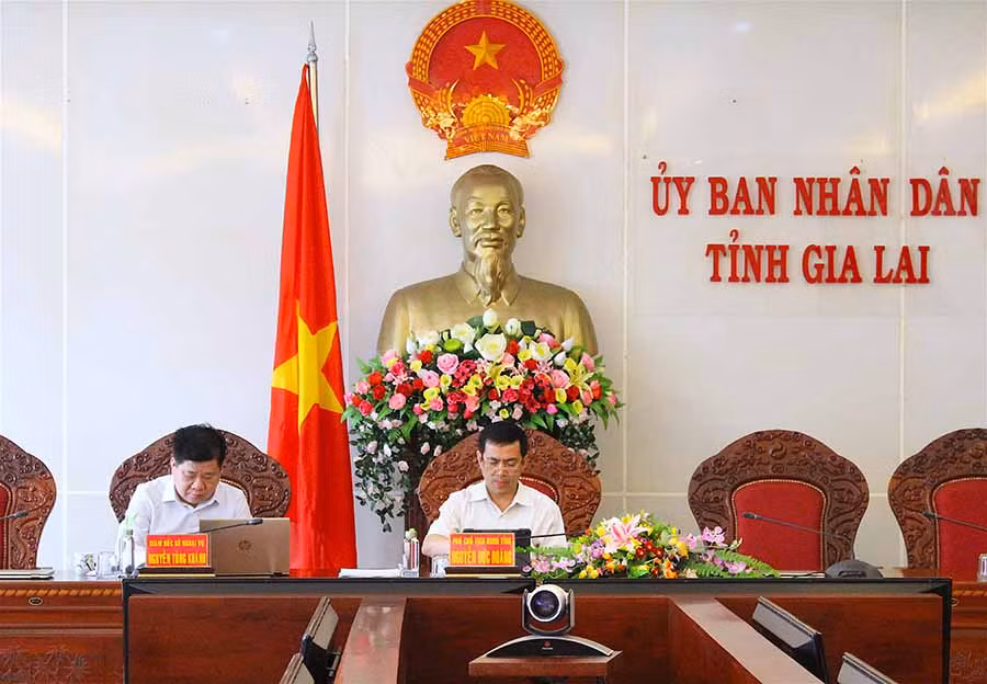 Phó Chủ tịch UBND tỉnh Nguyễn Đức Hoàng (bìa phải) chủ trì hội nghị tại điểm cầu Gia Lai. Ảnh: Hồng Thi