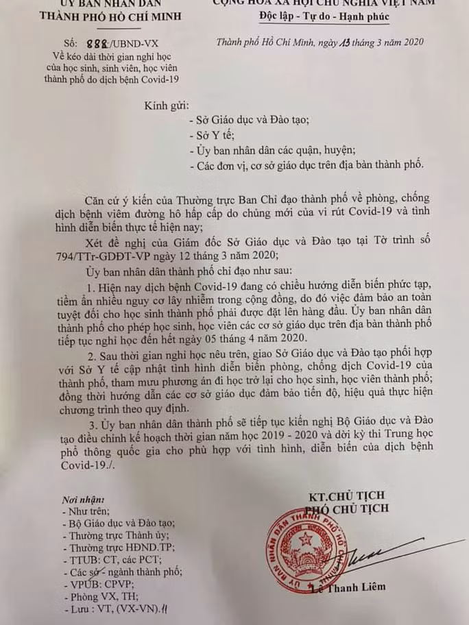 Văn bản của UBND TP cho học sinh nghỉ học đến hết ngày 5-4