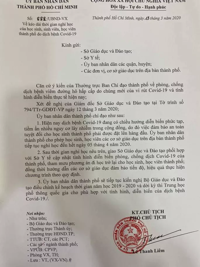 Văn bản của UBND TP cho học sinh nghỉ học đến hết ngày 5-4